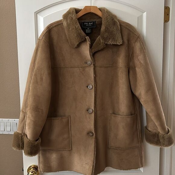 Brown Fur Coat Faux Suede Shearling Jacket women’s XL Penny Lane Y2K vintage - Picture 1 of 8